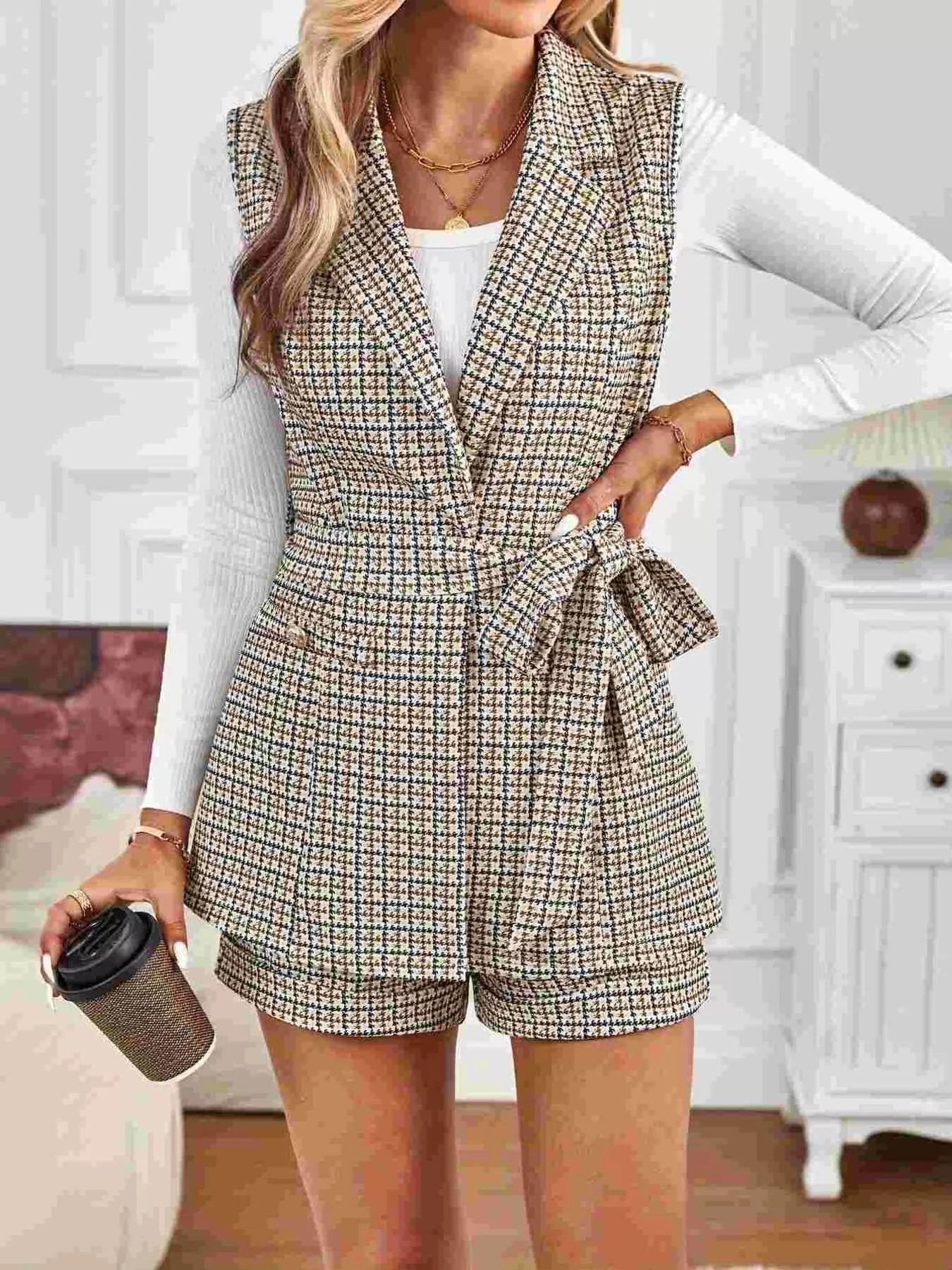 Houndstooth Lapel Collar Vest Coat and Shorts Set Secondary image