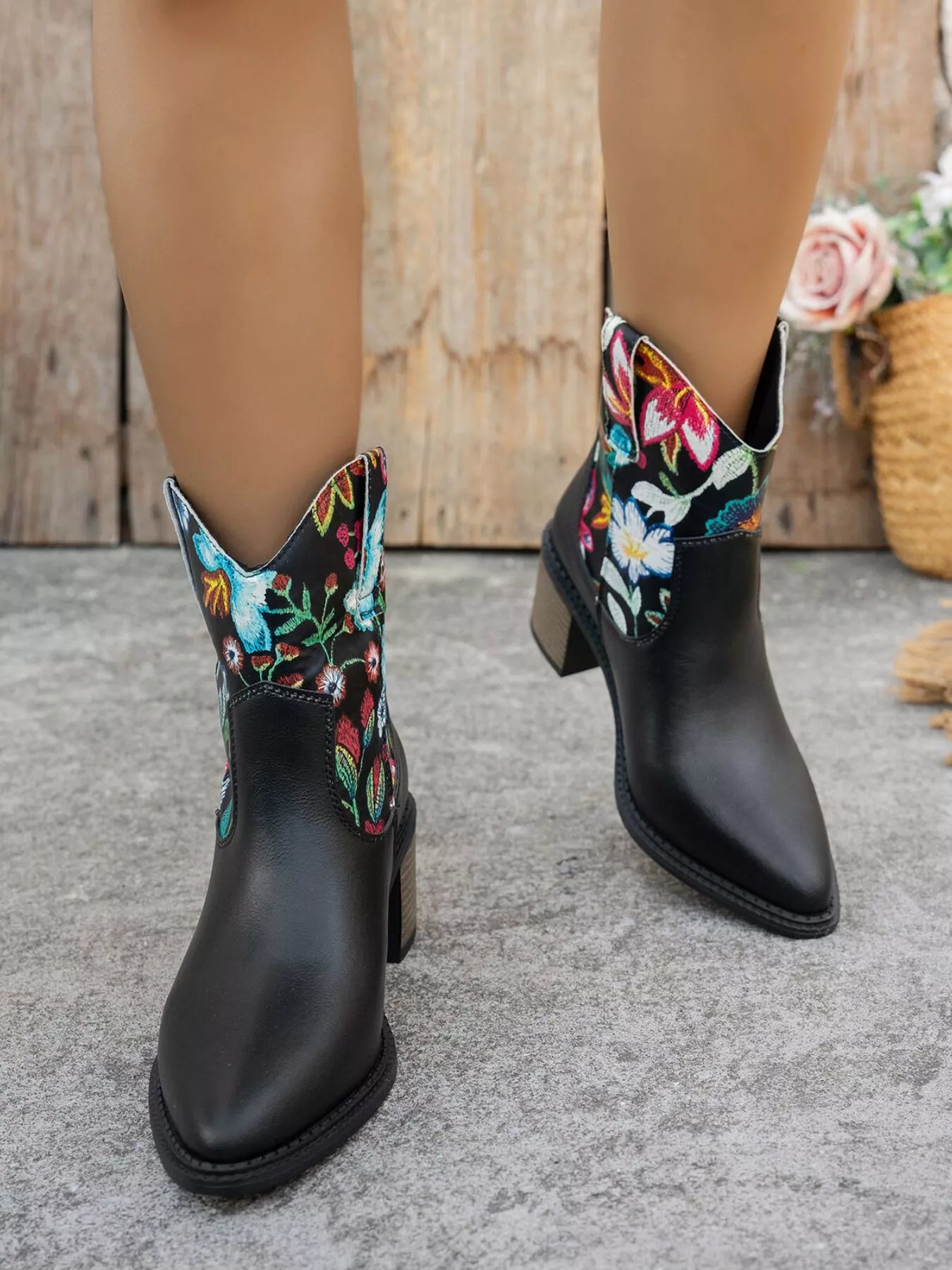 Floral Embroidered Western Ankle Boots with High Heel Secondary image