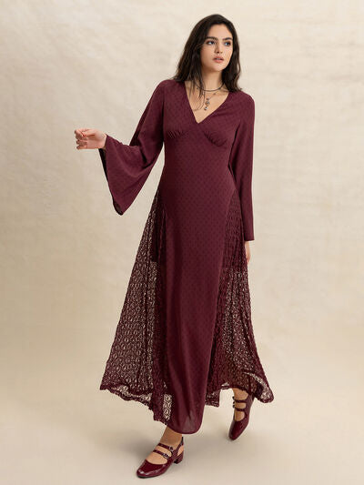 Lace Patchwork V-Neck Long Sleeve Midi Dress Secondary image