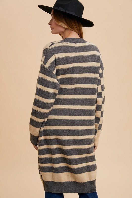 Checkered & Striped Open Front Long Sleeve Cardigan Secondary image