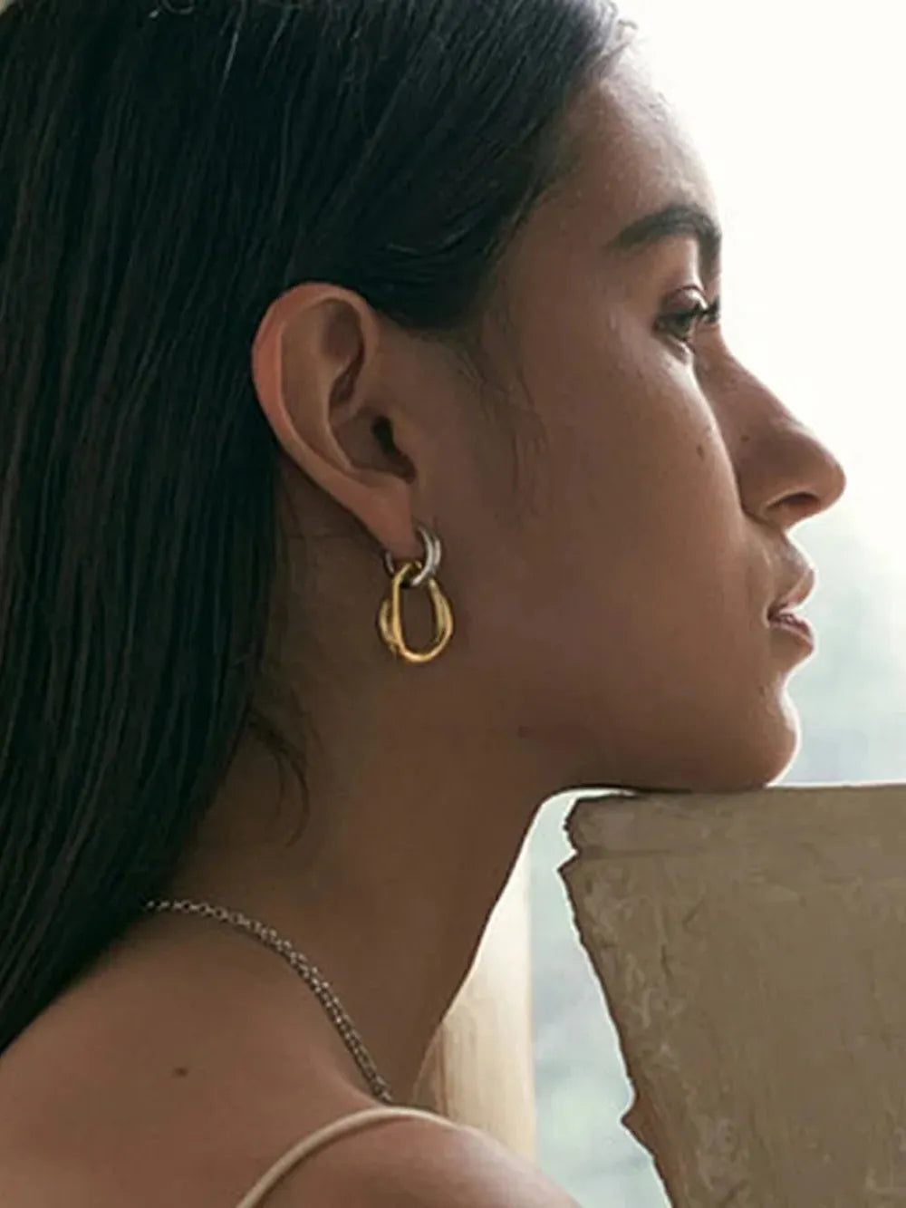 Gold Plated Stainless Steel Contrast Asymmetrical  Earrings Secondary image