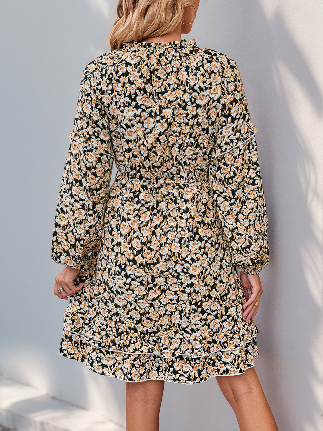 Printed Tie Neck Long Sleeve Mini Dress Secondary image