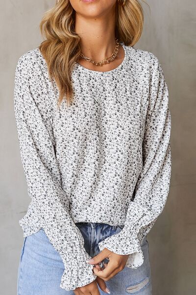 Printed Round Neck Flounce Sleeve Blouse Secondary image