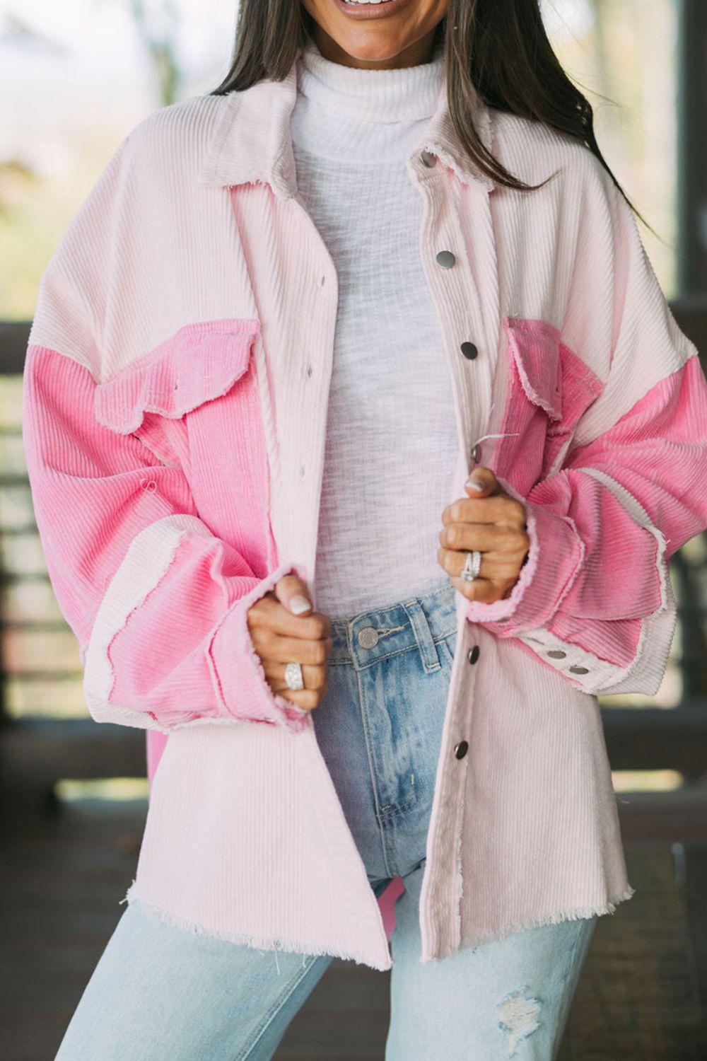 Two-tone Color Exposed Seam Corduroy Shacket Secondary image