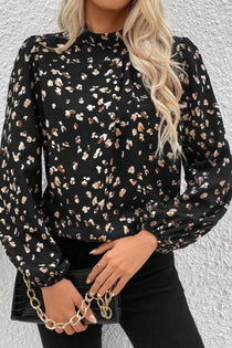 Printed Mock Neck Blouse with Balloon Sleeves