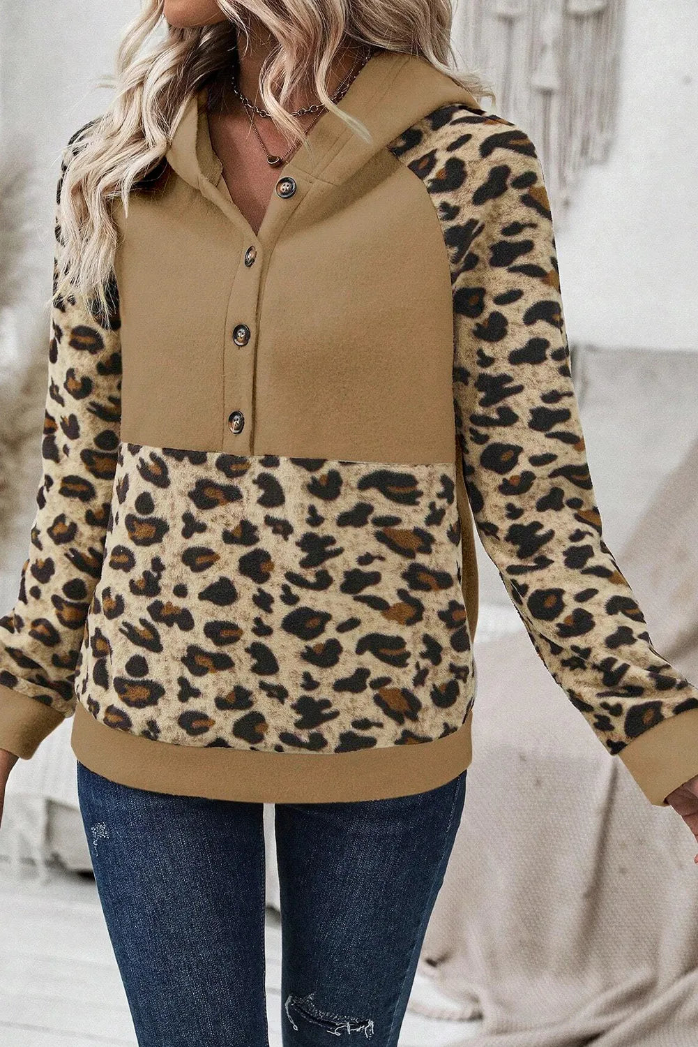 Leopard Half Button Long Sleeve Hoodie Secondary image