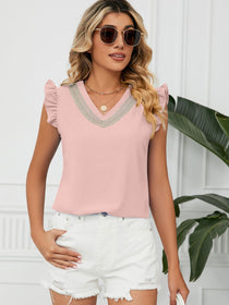 Ruffled V-Neck Cap Sleeve Blouse