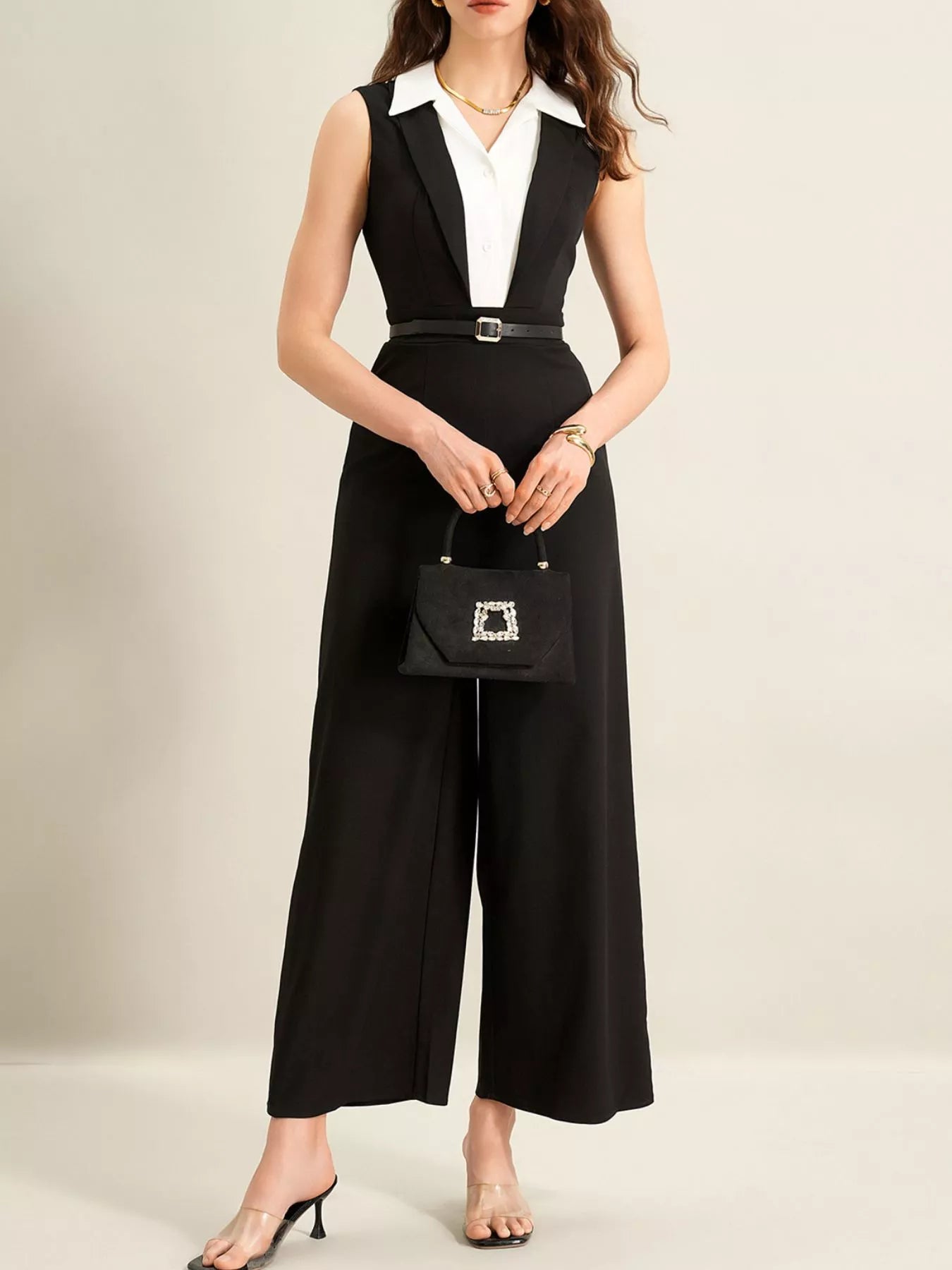 Sleeveless Wide Leg Jumpsuit with Button & Zip Front Secondary image