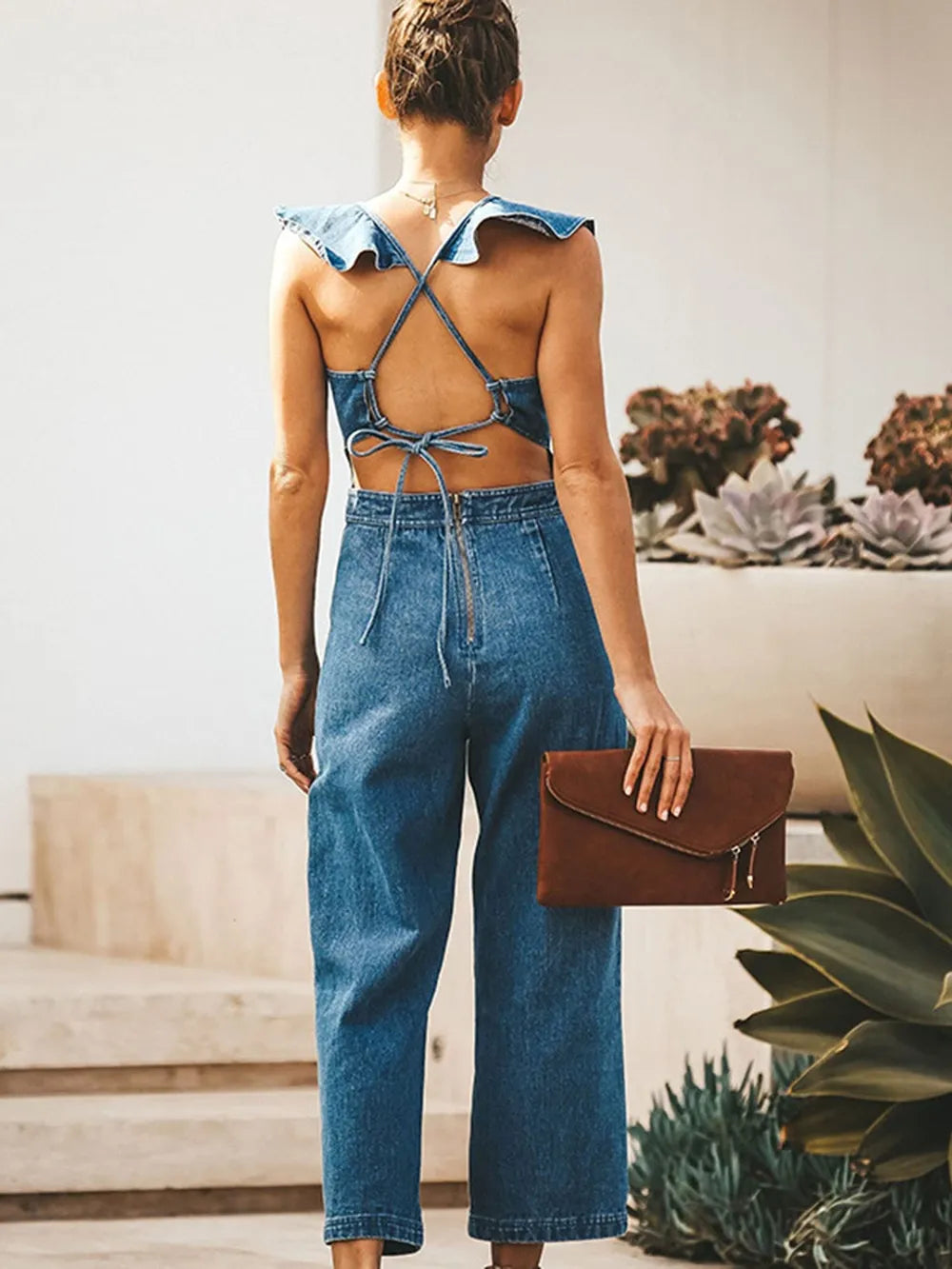 Ruffled Backless Sleeveless Denim Jumpsuit Secondary image