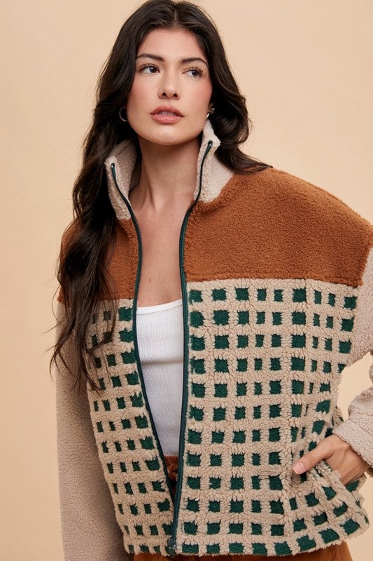 Plaid Zip Up Drop Shoulder Sherpa Jacket Main image