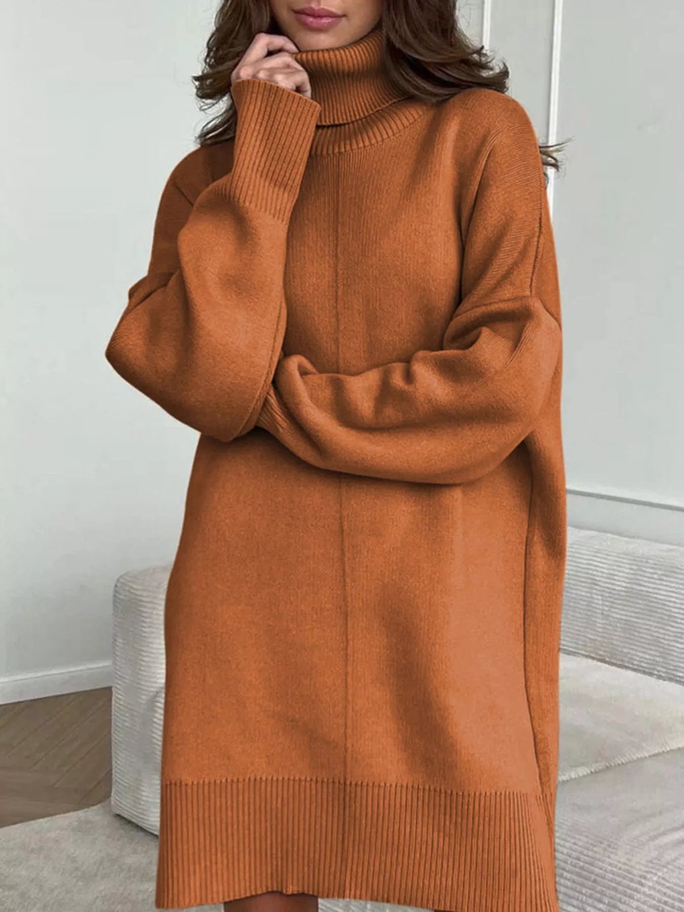 Ribbed Turtleneck Sweater Dress with Pockets Secondary image