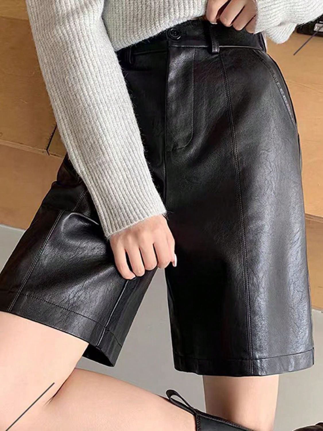 High-Rise Vegan Leather Shorts with Pockets Main image