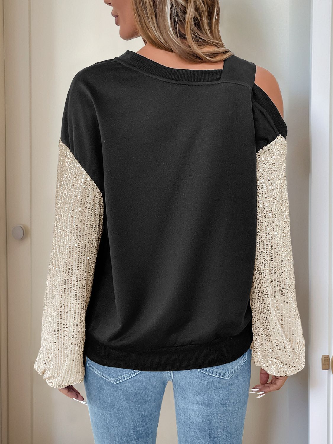Sequin Asymmetrical Neck Long Sleeve Sweatshirt Secondary image