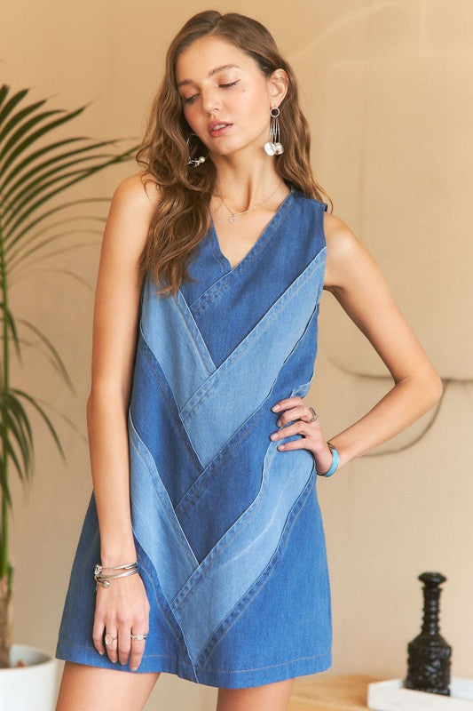 Chevron Color Block V-Neck Denim Dress Main image
