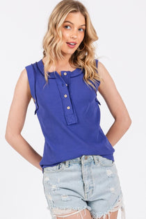 Stitch Detail Half Button Ribbed Tank