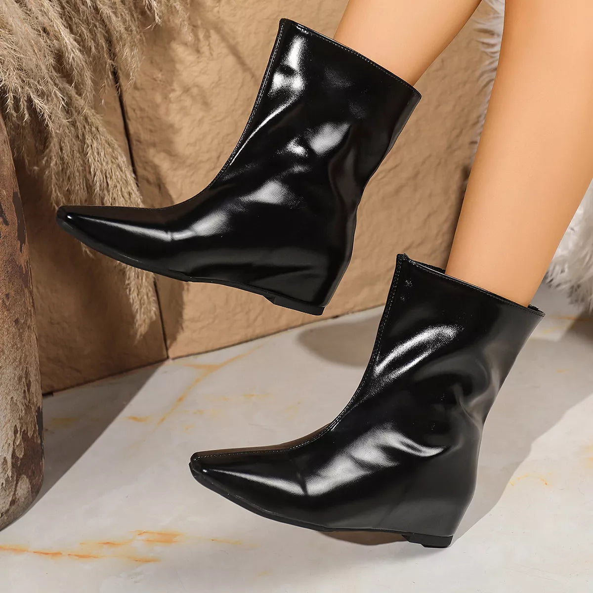 Pointed Toe Mid-Heel Boots in Vegan Leather Secondary image