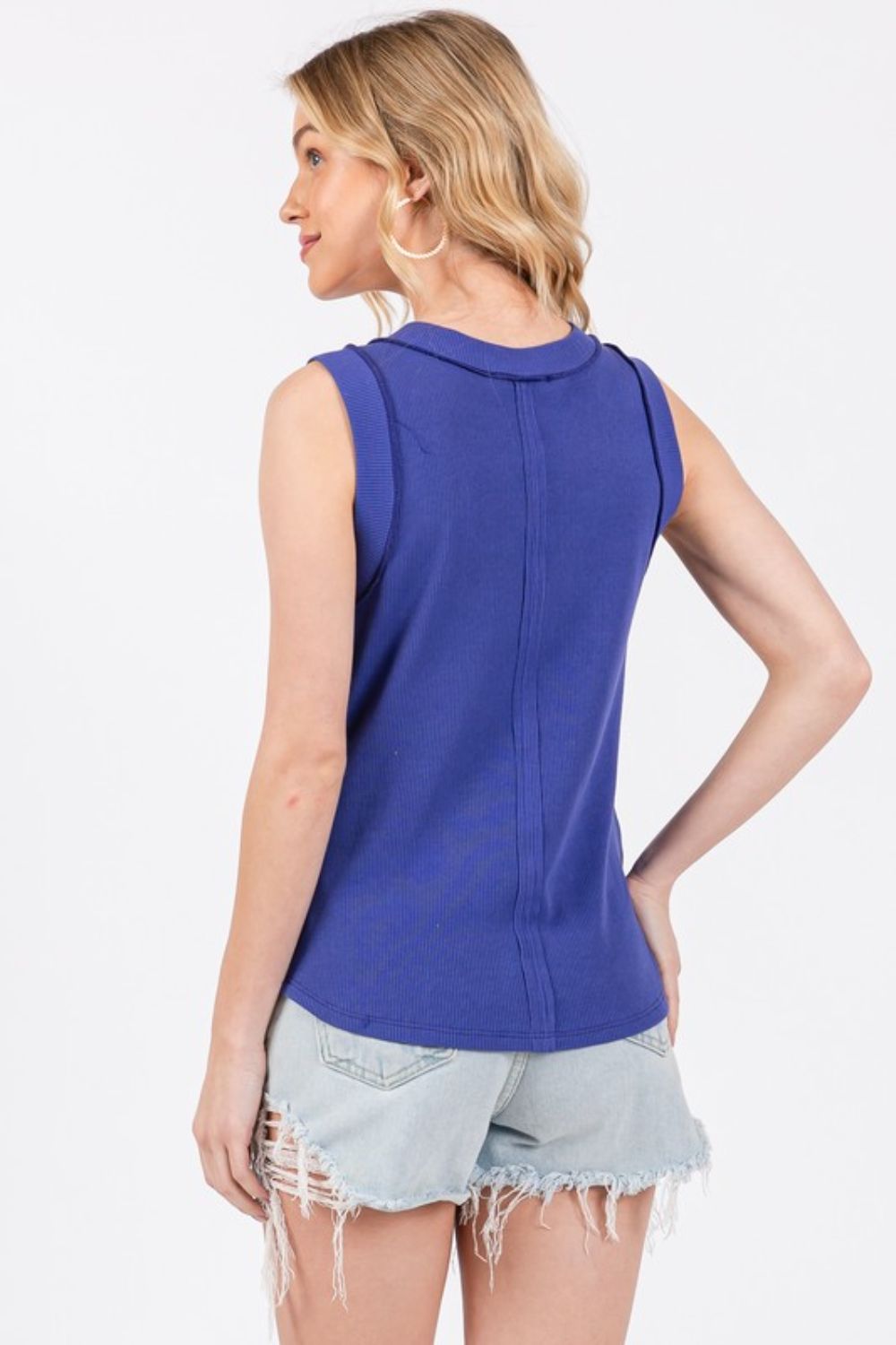 Stitch Detail Half Button Ribbed Tank