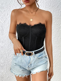Strapless Sweetheart Neck Bodysuit - Raw Hem Crop Top