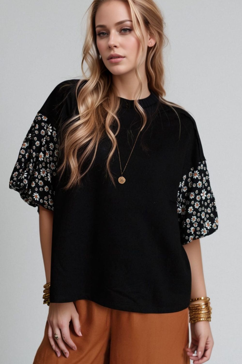 Contrast Floral Puff Sleeve Oversized Top Secondary image
