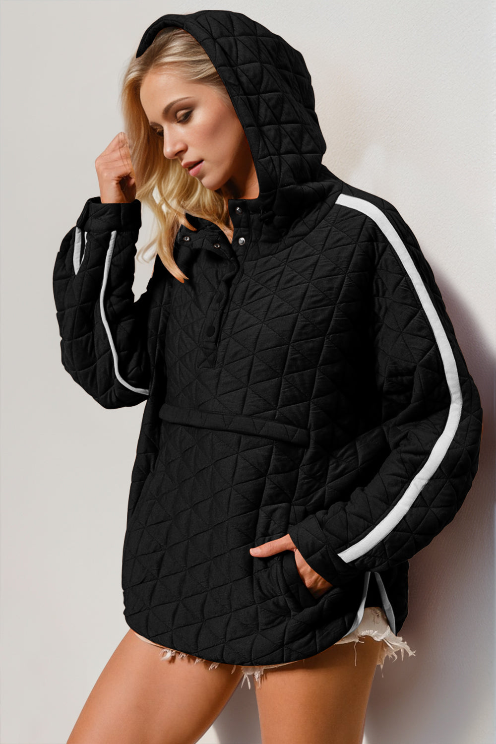 Contrast Trim Long Sleeve Half Snap Texture Hoodie with Pocket Main image