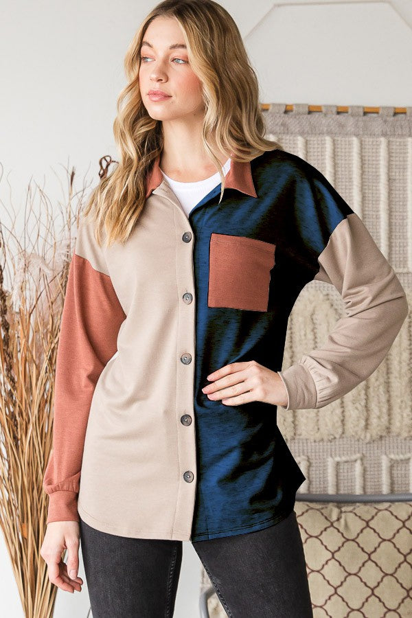Full Size Color Block Button Down Shirt Main image