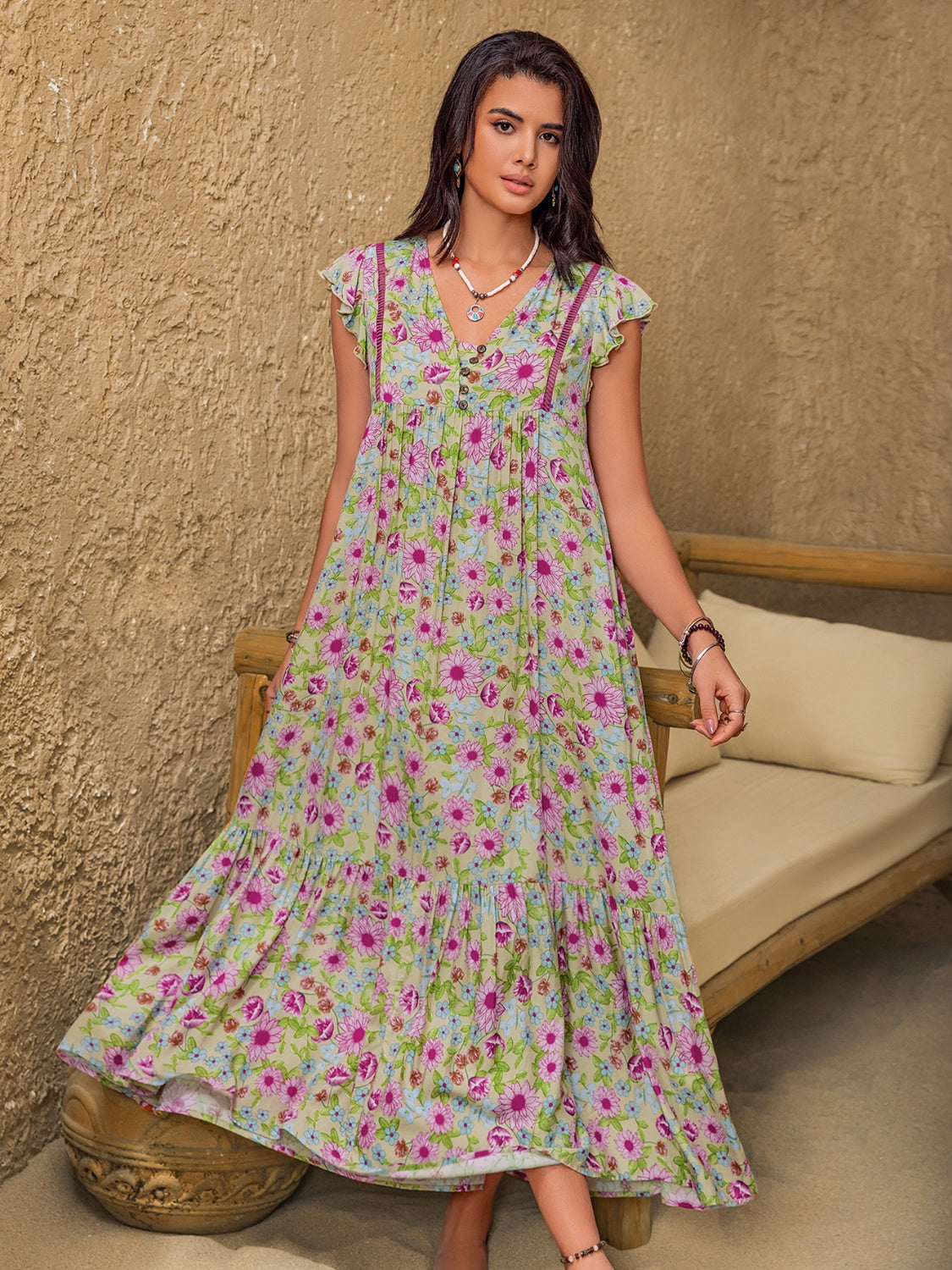 Floral Ruffled Cap Sleeve Tiered Dress Secondary image
