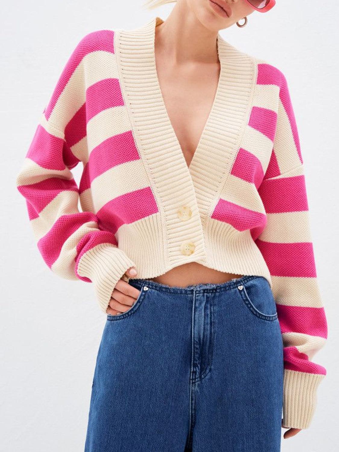 Striped Button Down Drop Shoulder Cardigan Main image