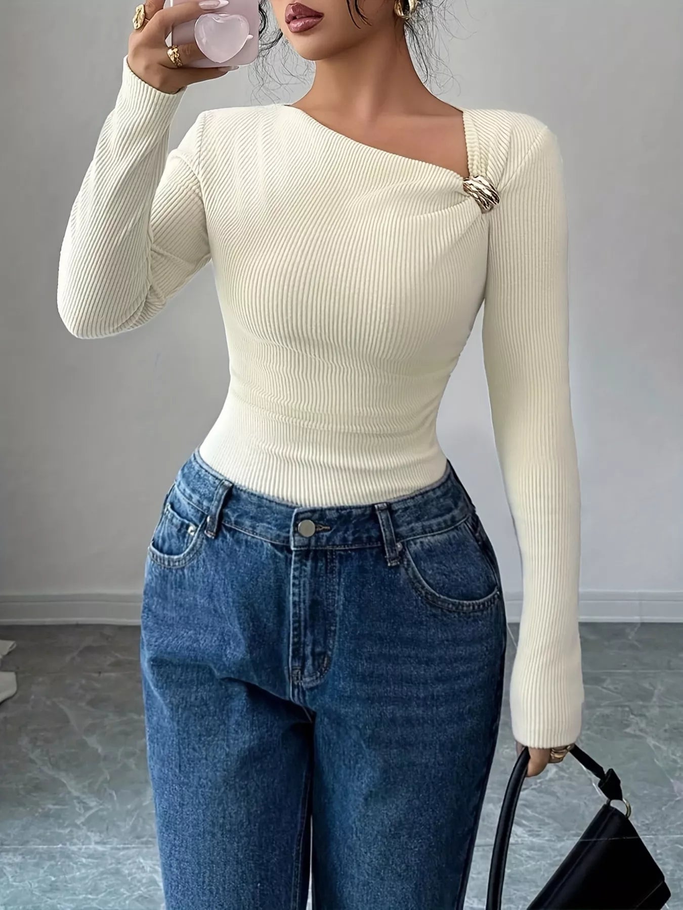 Ribbed Knit Asymmetrical Long Sleeve T-Shirt Secondary image