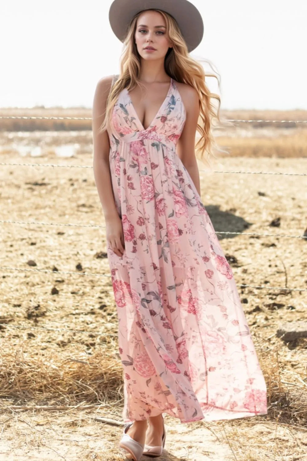 Floral Pleated Maxi Dress with Deep V Back Secondary image