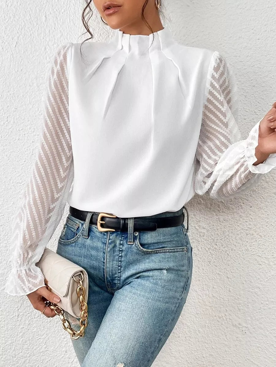 Mock Neck Blouse with Sheer Lace Sleeves & Ruched Detail Secondary image