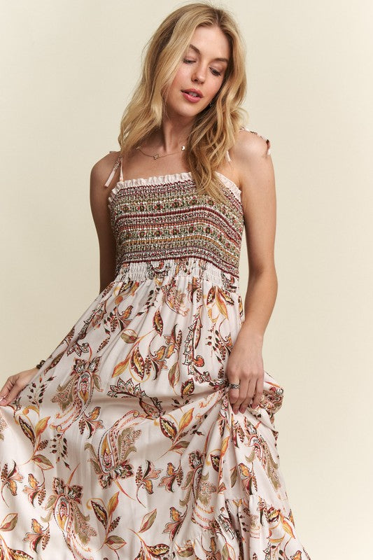 Smocked Printed Square Neck Tie Shoulder Cami Dress Main image