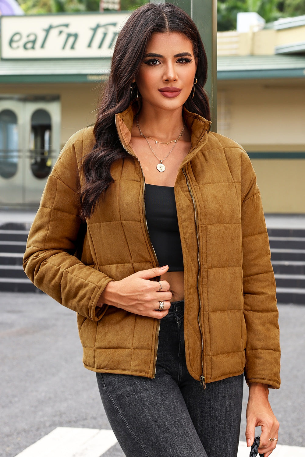 Zip Up Pocketed Long Sleeve Coat Main image