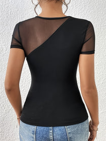 Mesh Patchwork Top with Lace Detail and Short Sleeves