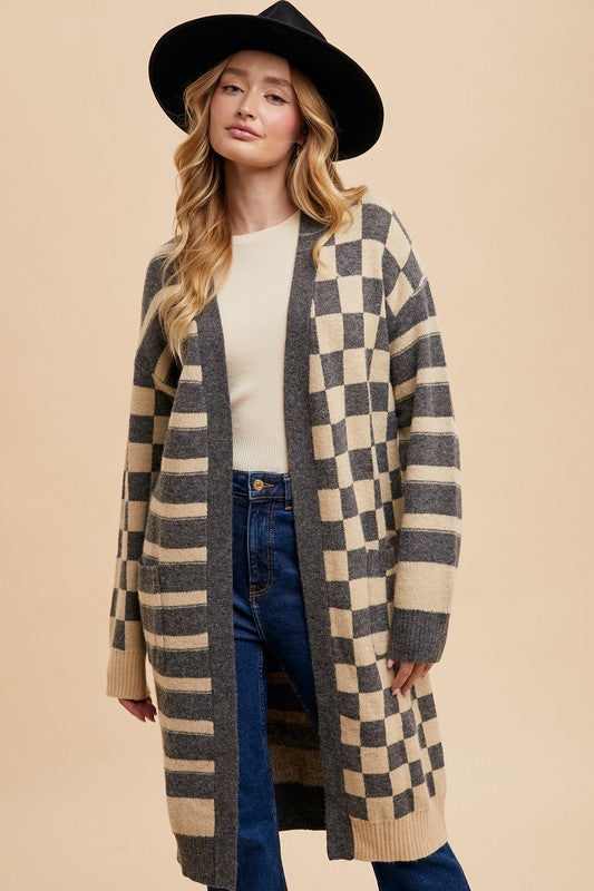 Checkered & Striped Open Front Long Sleeve Cardigan Main image