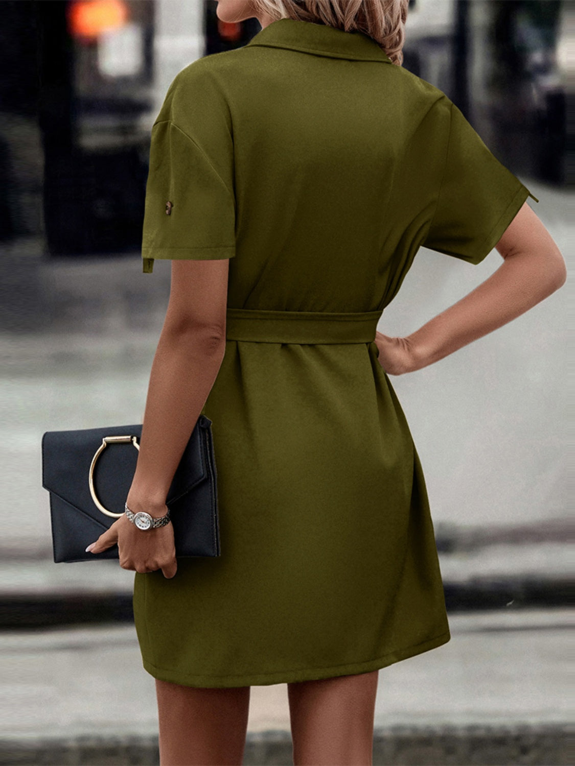 Shiny Tie Waist Collared Dress Secondary image