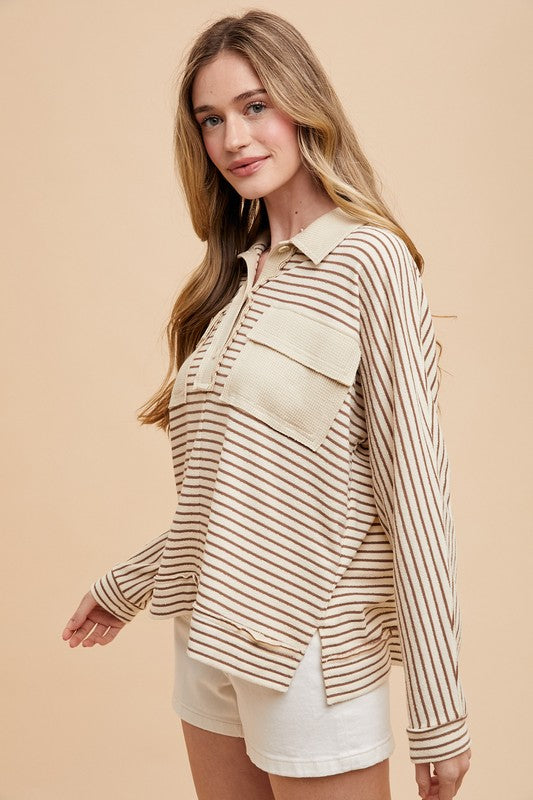 Striped Button Detail Long Sleeve Polo Top Secondary image