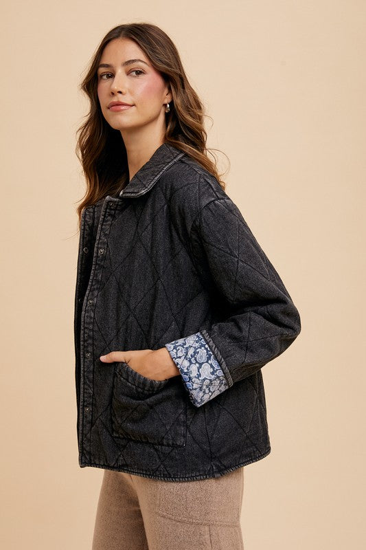 Quilted Printed Lining Snap Down Denim Jacket Secondary image