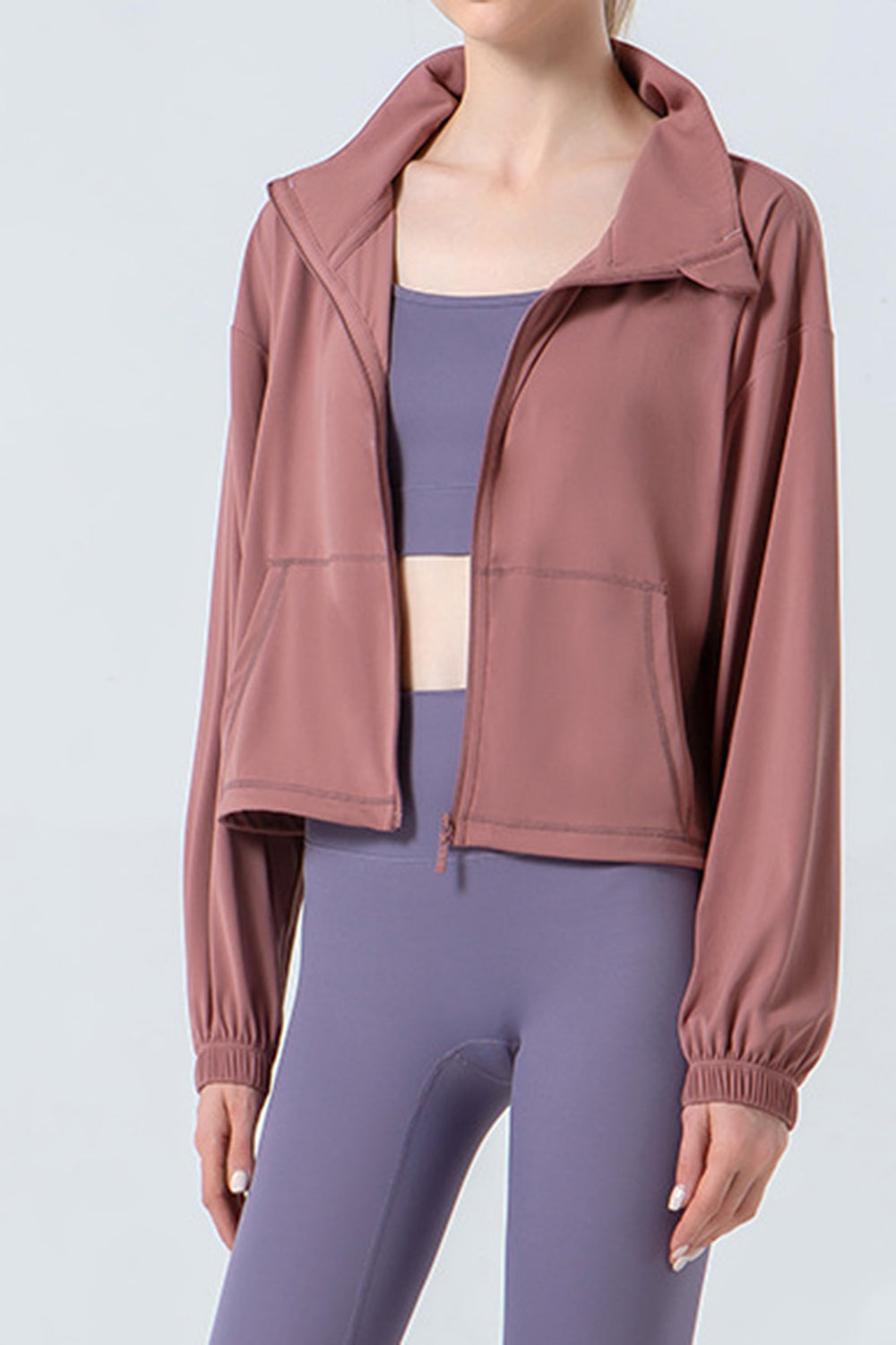 Drawstring Zip Up Dropped Shoulder Active Outerwear Secondary image