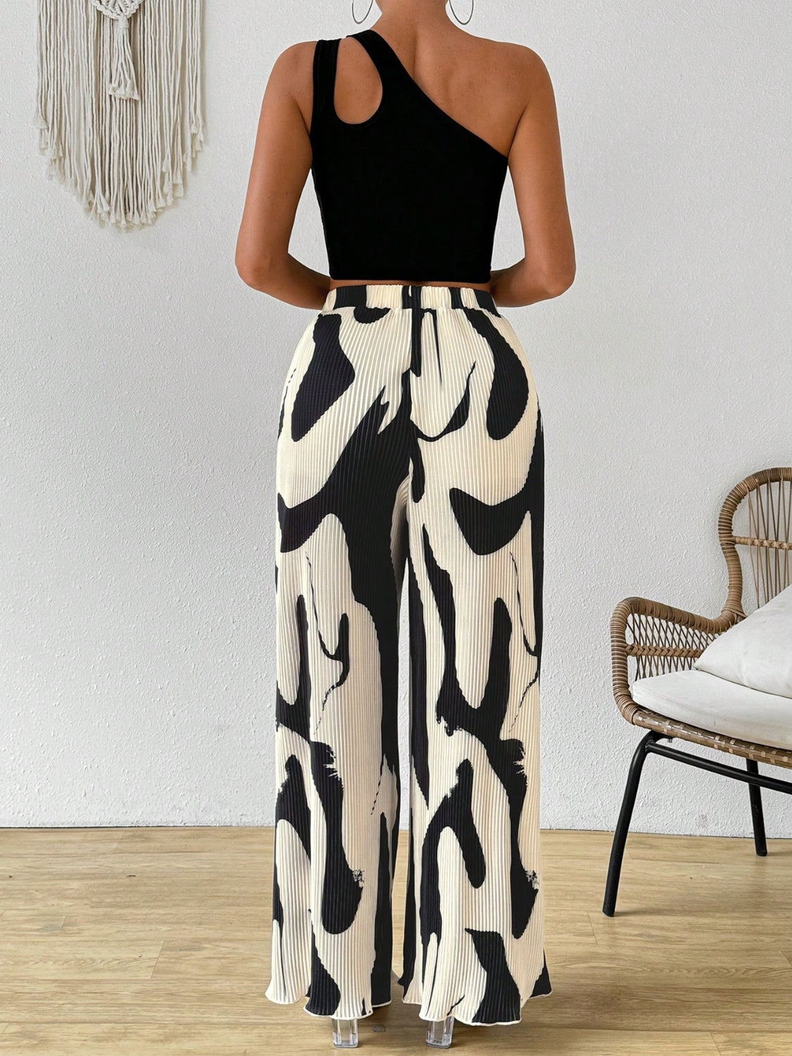 Cutout One Shoulder Top and Printed Pants Set Secondary image