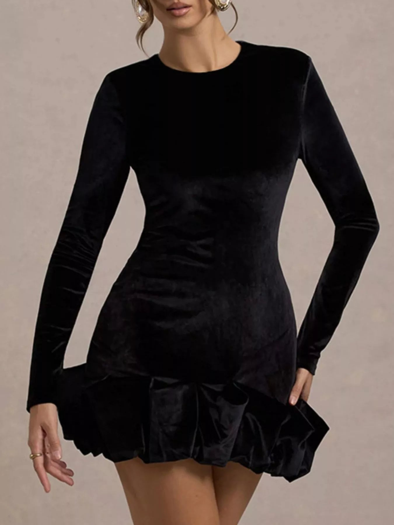 Velvet Ruched Hem Long Sleeve Dress Secondary image