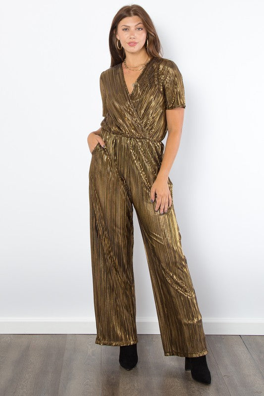 Surplice Short Sleeve Pleated Foil Jumpsuit Main image
