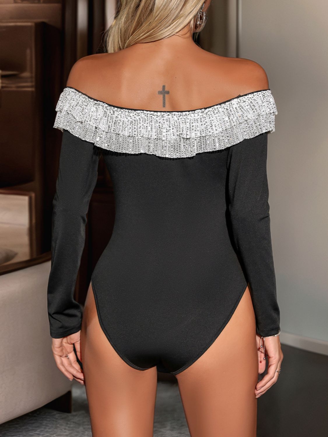 Sequin Ruffled Off-Shoulder Long Sleeve Bodysuit