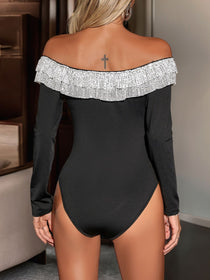 Sequin Off-Shoulder Bodysuit with Ruffle Sleeves