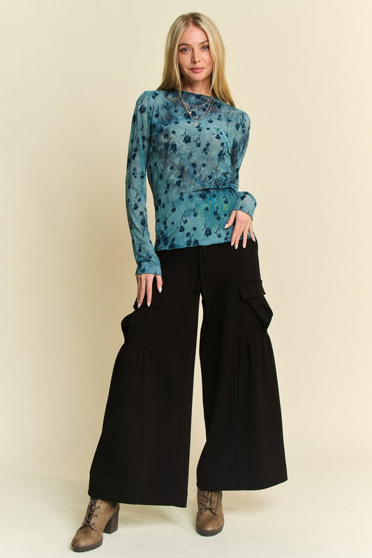 Drawstring Ruched Detail Wide Leg Pants