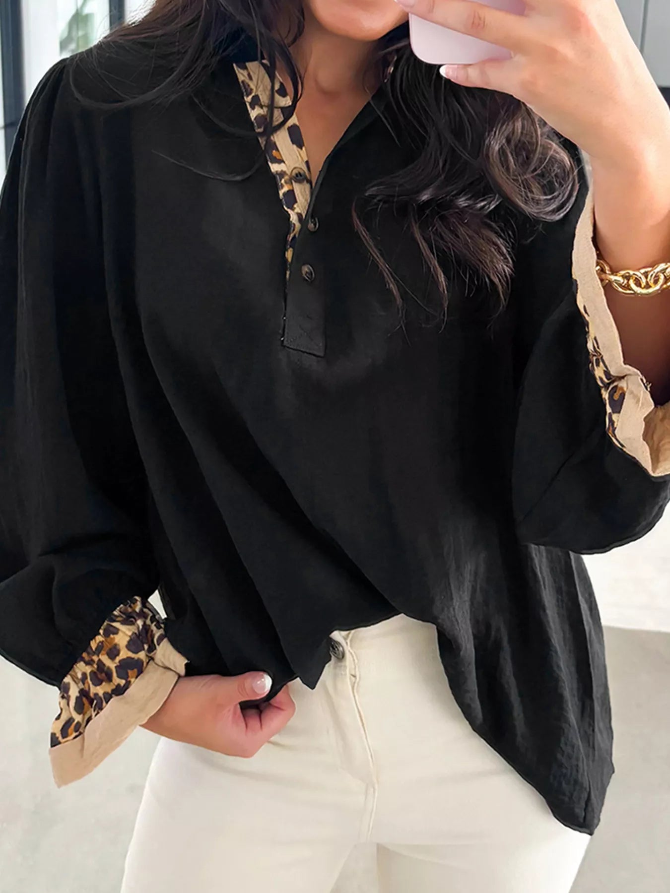 Leopard Print Patchwork Blouse with Polo Collar Secondary image
