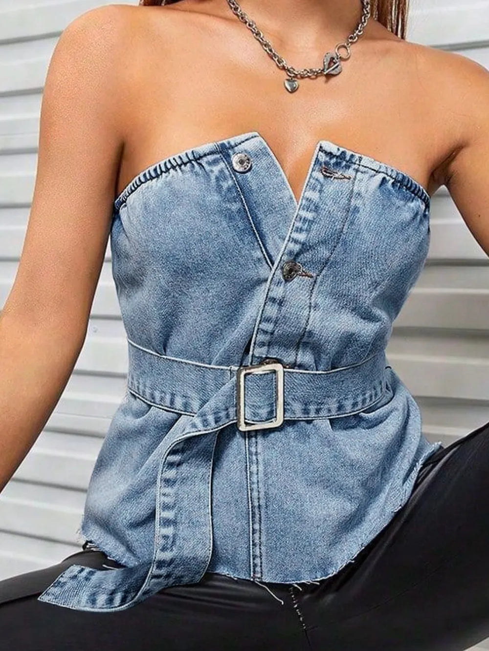 Frayed Hem Button Detail Tube Top Secondary image