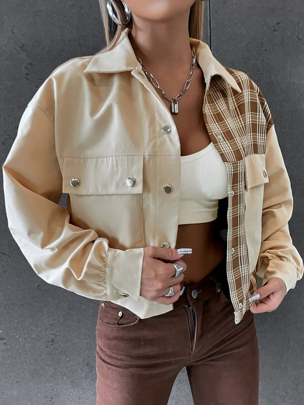 Snap Down Color Block Plaid Jacket Secondary image