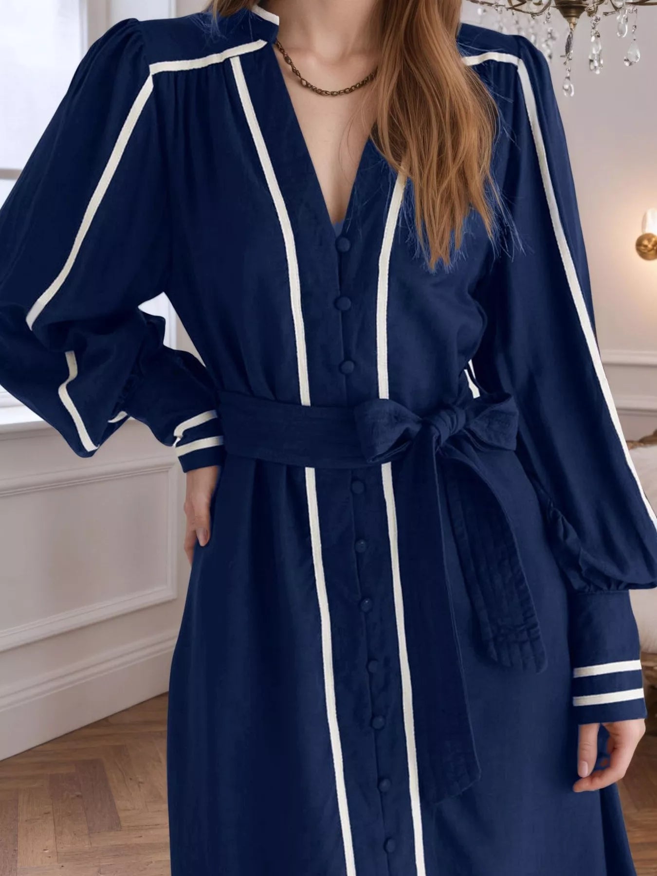 Notched Collar Dress with Lantern Sleeves and Belt Secondary image