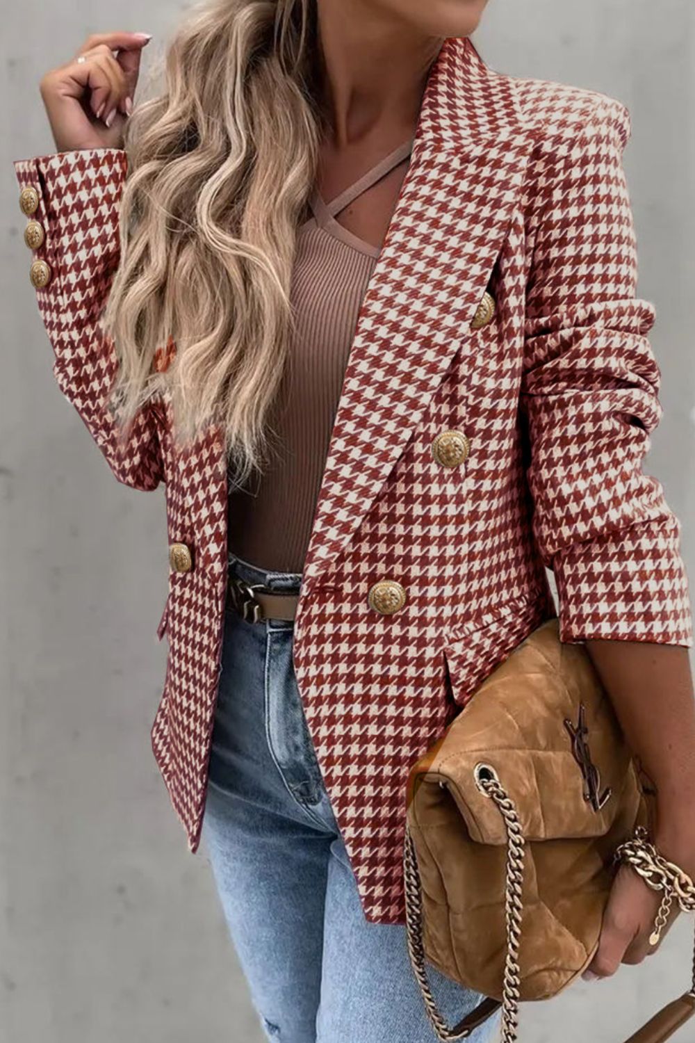 Houndstooth Collared Neck Double-Breasted Blazer Main image