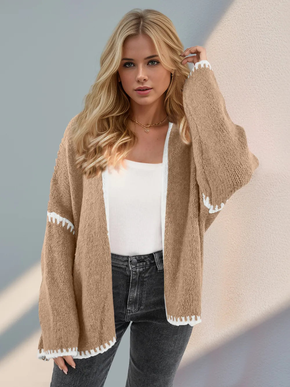 Contrast Trim Open Front Cardigan with Dropped Shoulder Secondary image